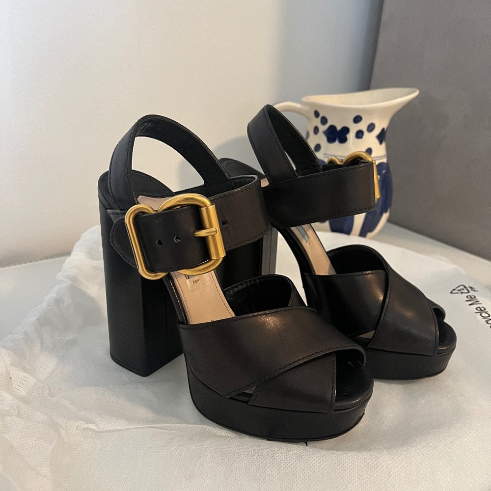 Prada Black Leather with Buckle Platforms Size 36